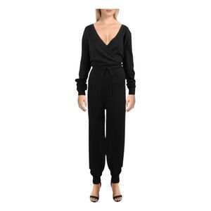 Aqua Bloomingdale's Jumpsuit Black Knit Faux Wrap V-Neck Long Sleeve Jogger Hem
